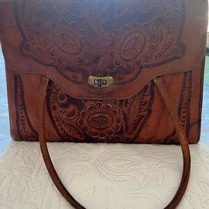 Vintage Mexican Handcrafted Tooled Leather Tote Bag - Brown